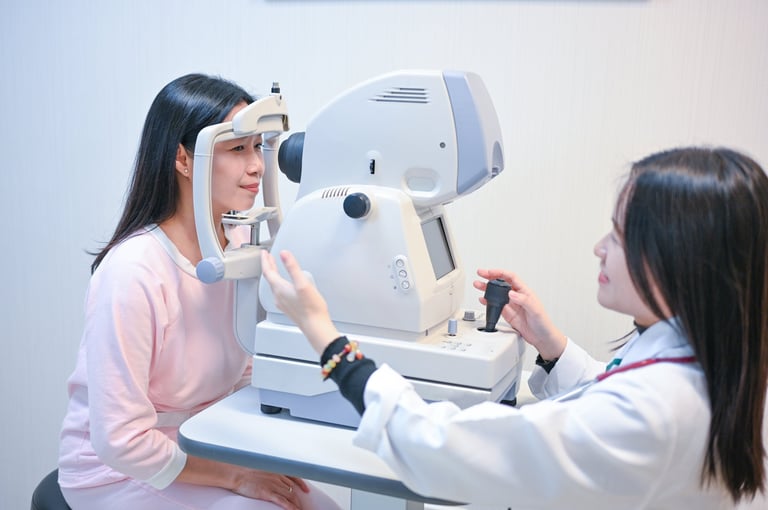 In a state-of-the-art eye clinic, a patient sits before an ophthalmic scanning machine while a doctor conducts a thorough retinal examination