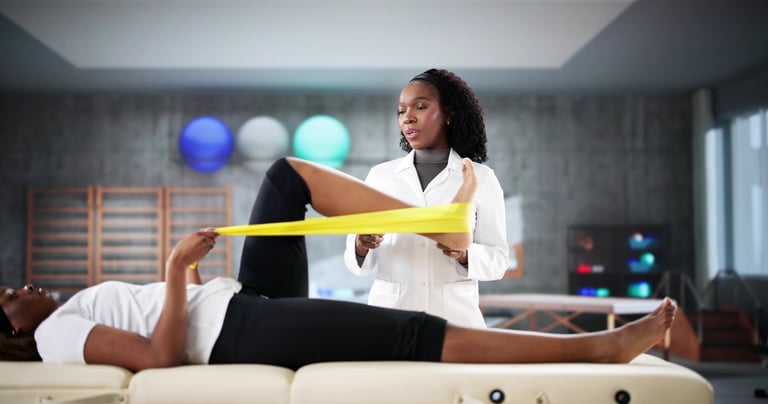 Physio treating young Black woman's knee injury in clinic session